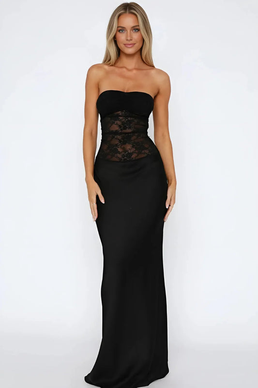 Women'S Strapless Lace Patchwork Mermaid Maxi Dress - Elegant Evening Gown