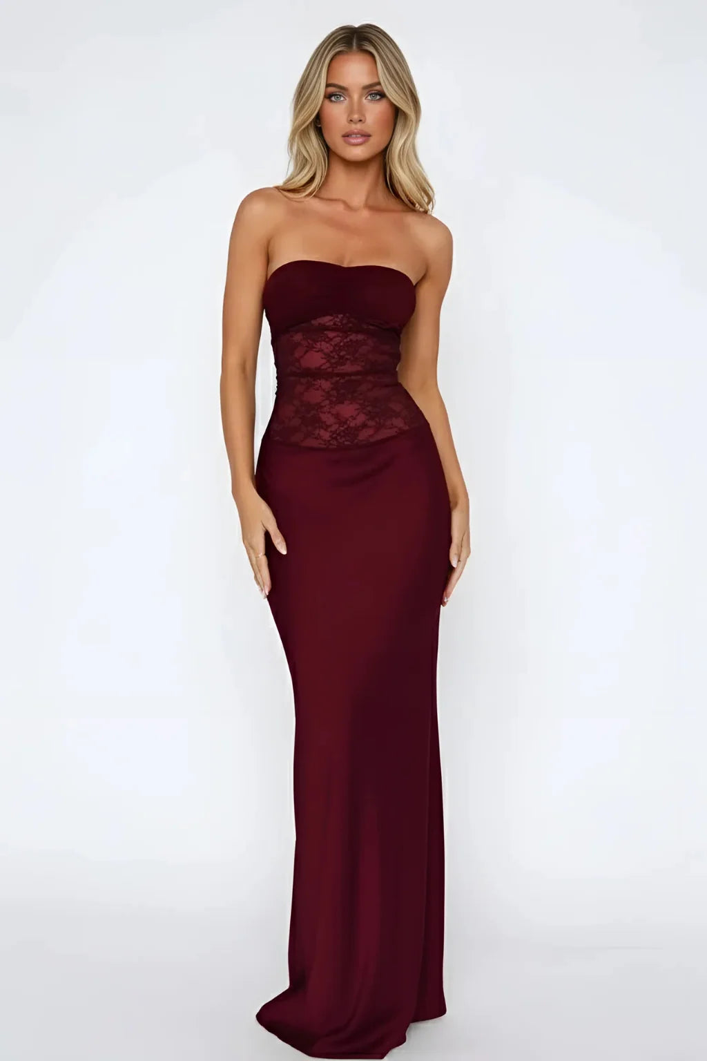 Women'S Strapless Lace Patchwork Mermaid Maxi Dress - Elegant Evening Gown