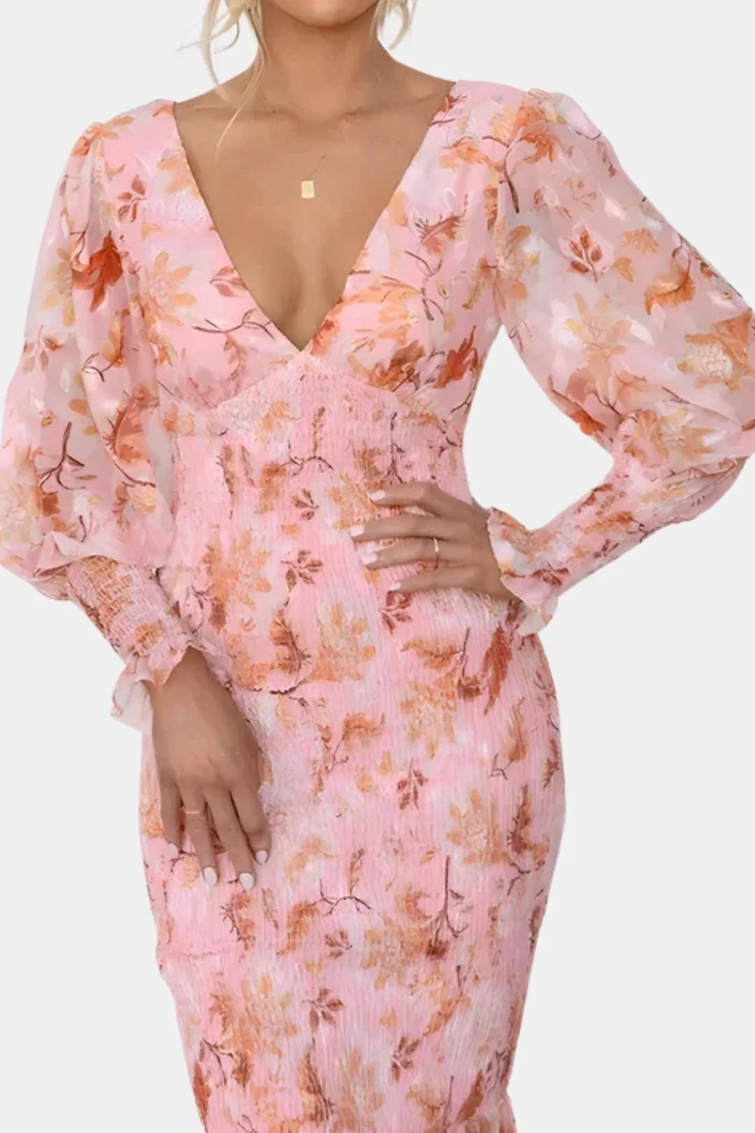 Leilanie - Elegant Floral Print Midi Dress