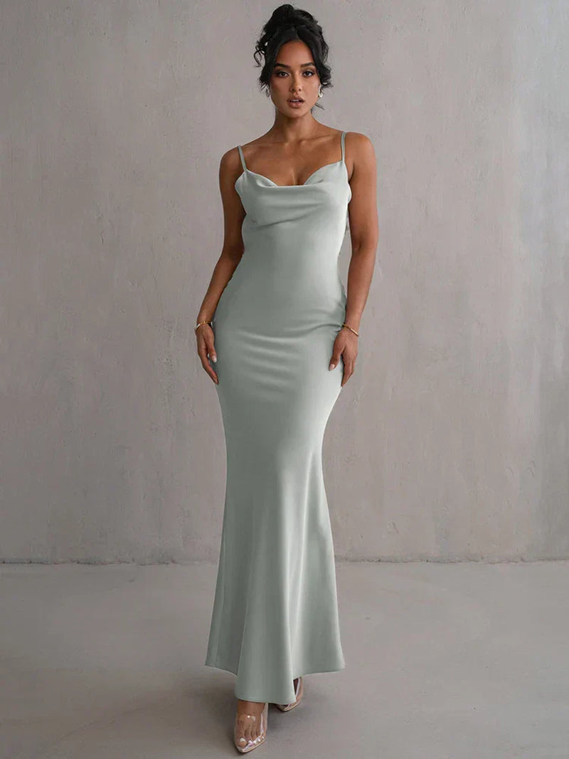 Women'S Satin Maxi Dress – Elegant Cowl Neck Evening Dress