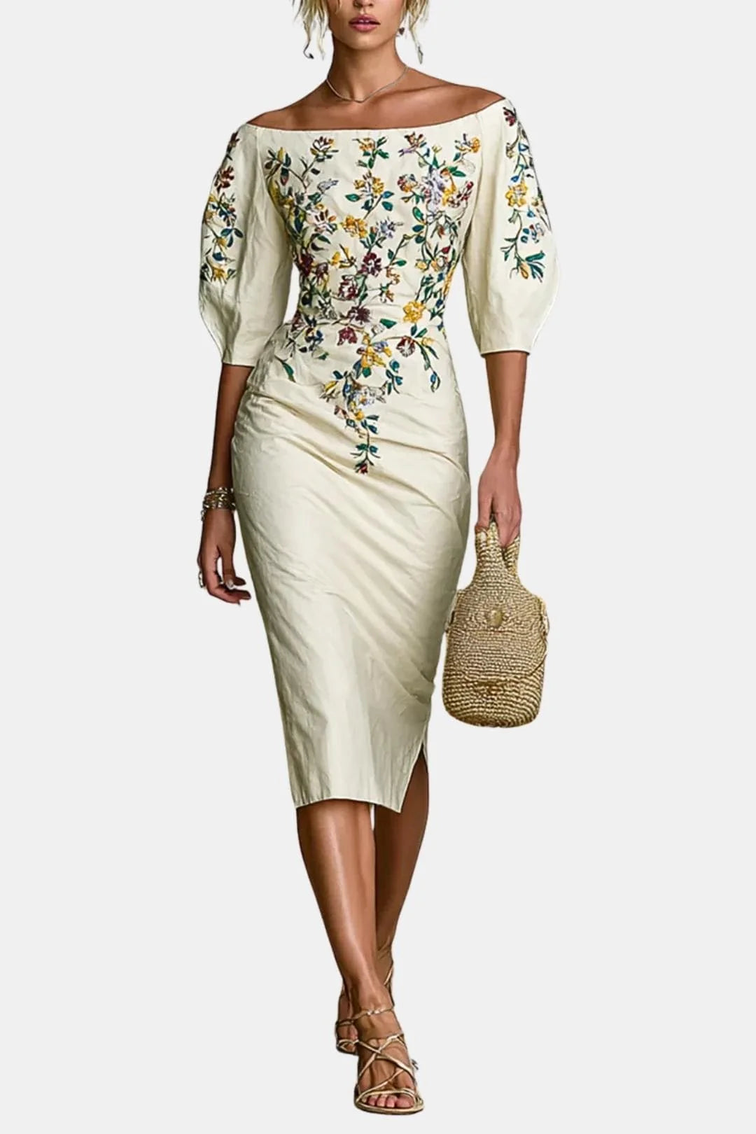 Calantha - One Shoulder Mid-Sleeve Slit Floral Midi Dress