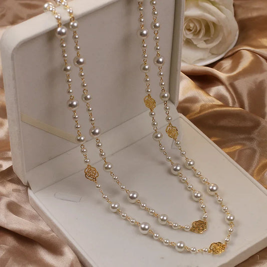 Long Pearl Necklace with Gold-Tone Accent Charms for Women