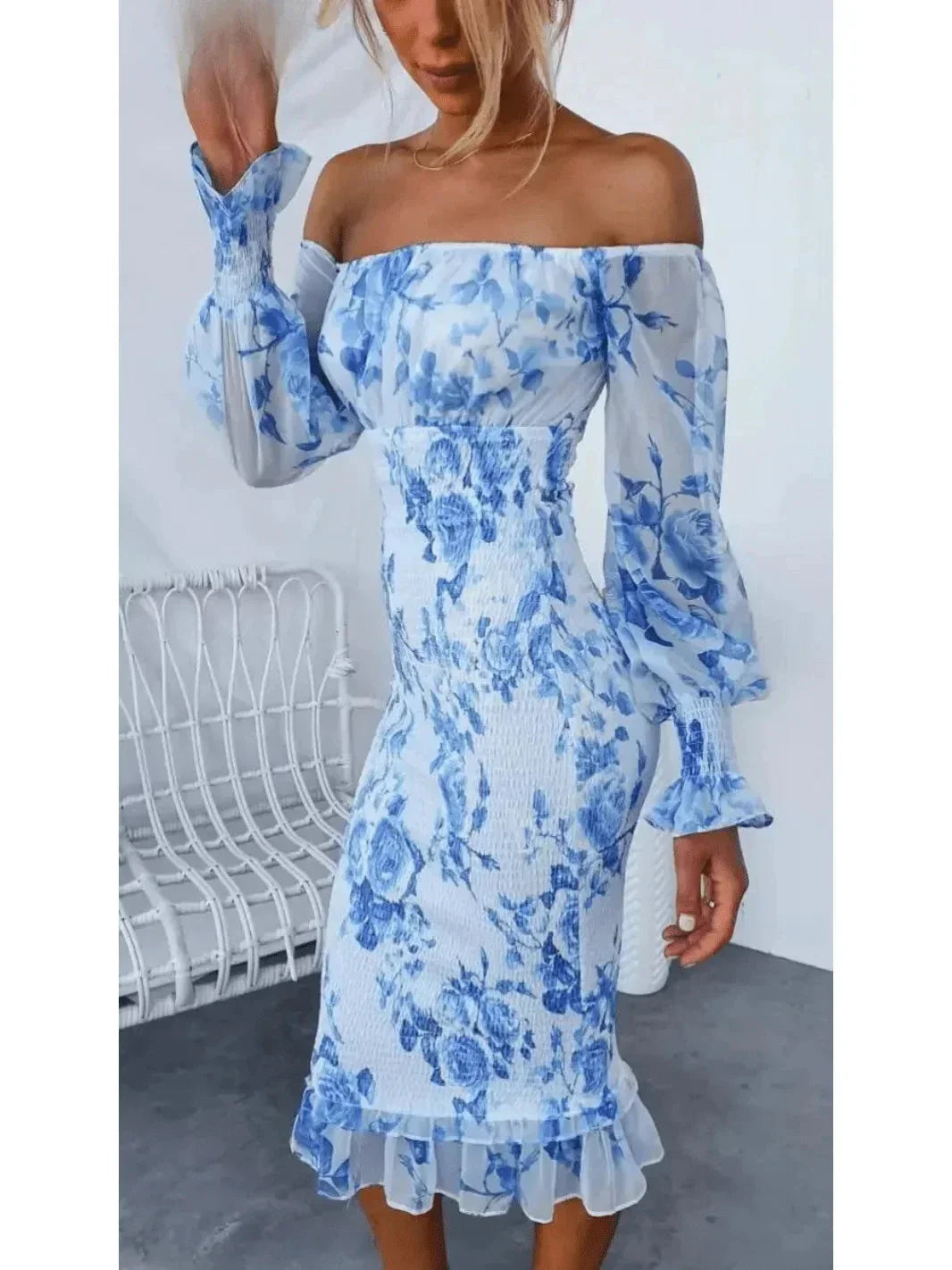 Sophia | Women'S Midi Dress with off Shoulder Neckline and Floral Print | Elegant