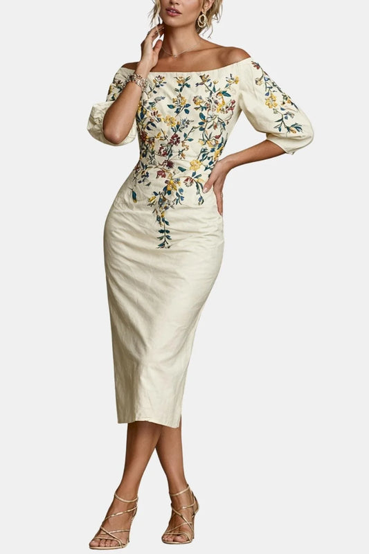 Calantha - One Shoulder Mid-Sleeve Slit Floral Midi Dress
