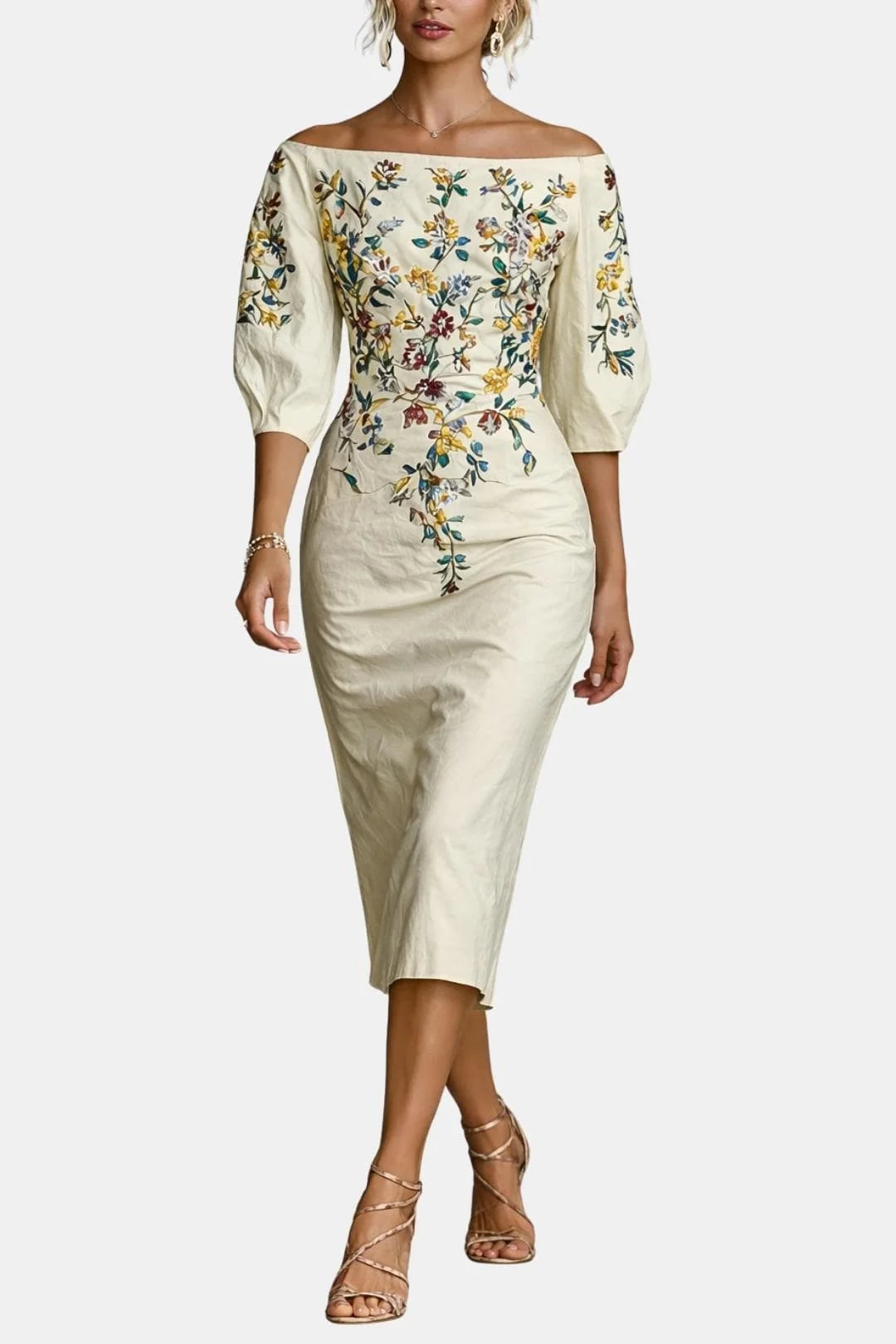 Calantha - One Shoulder Mid-Sleeve Slit Floral Midi Dress