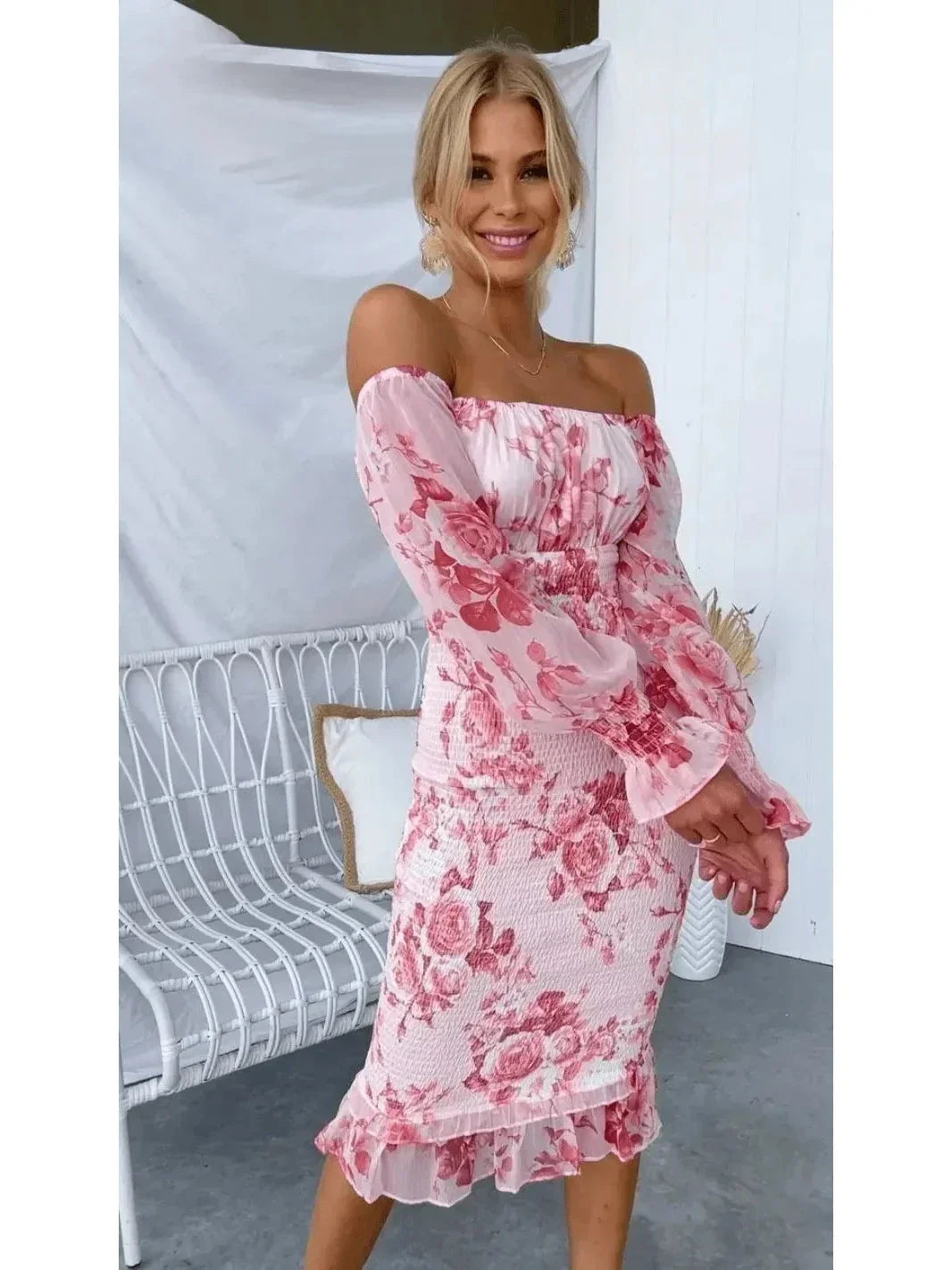 Sophia | Women'S Midi Dress with off Shoulder Neckline and Floral Print | Elegant