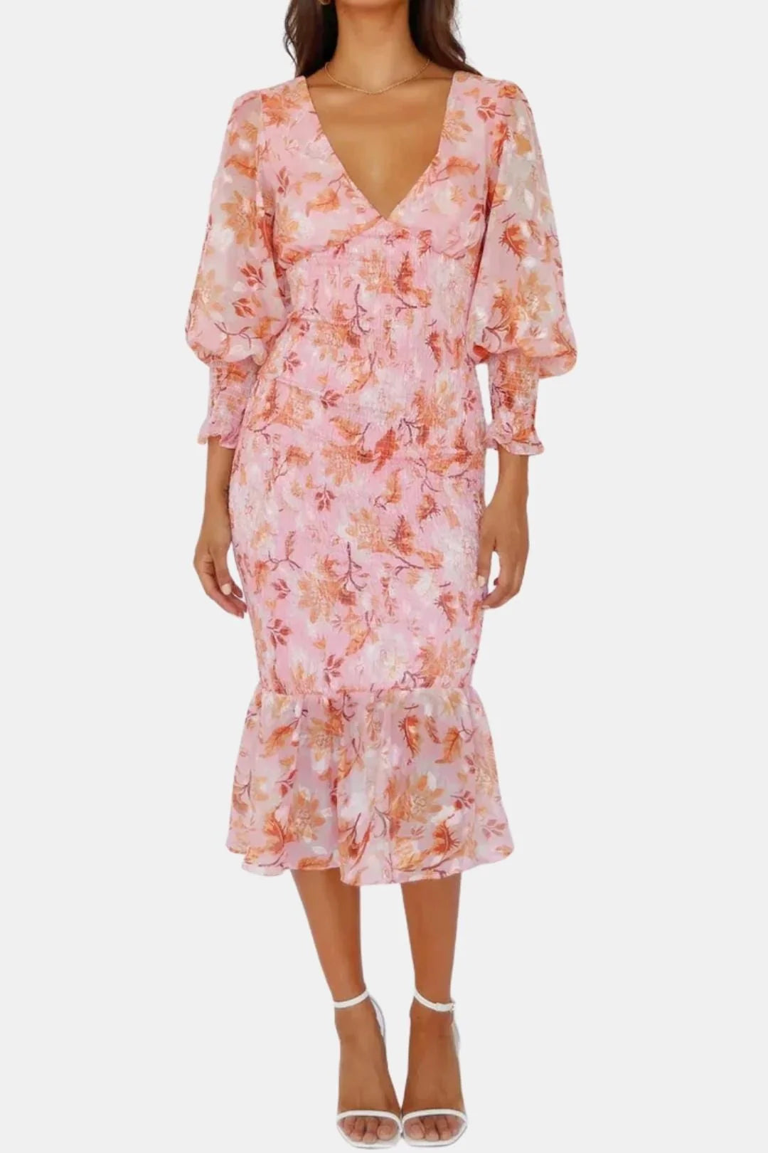 Leilanie - Elegant Floral Print Midi Dress