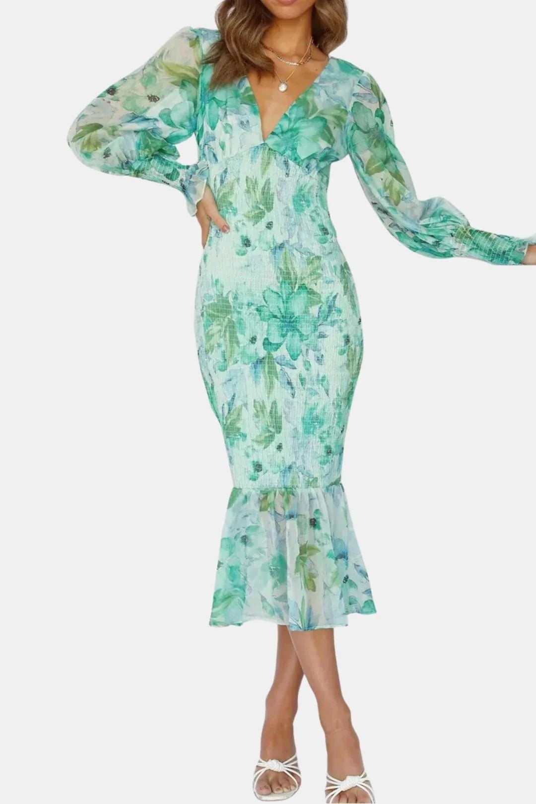 Leilanie - Elegant Floral Print Midi Dress