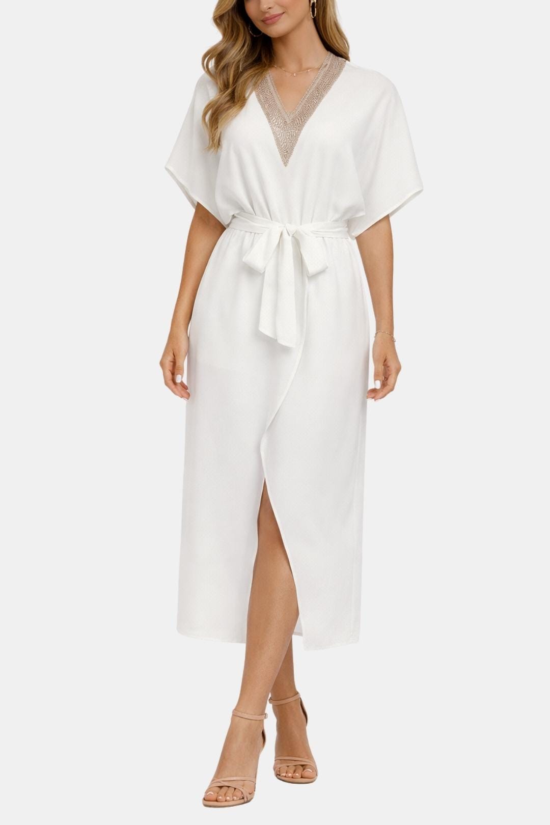 Pinky - Chic White V-Neck Midi Dress