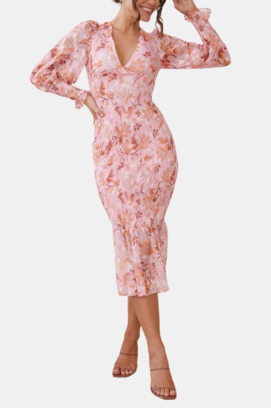 Leilanie - Elegant Floral Print Midi Dress