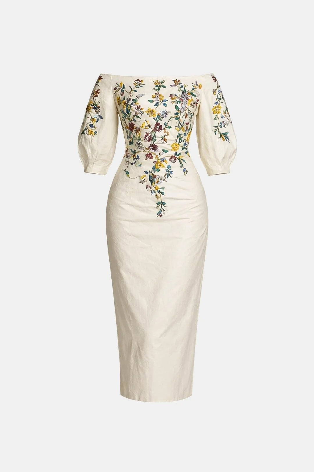 Calantha - One Shoulder Mid-Sleeve Slit Floral Midi Dress