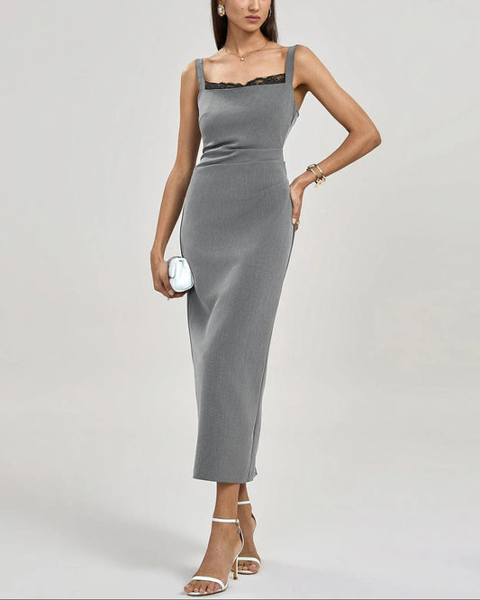 Joleen - Strappy Back Slit Midi Dress in Grey