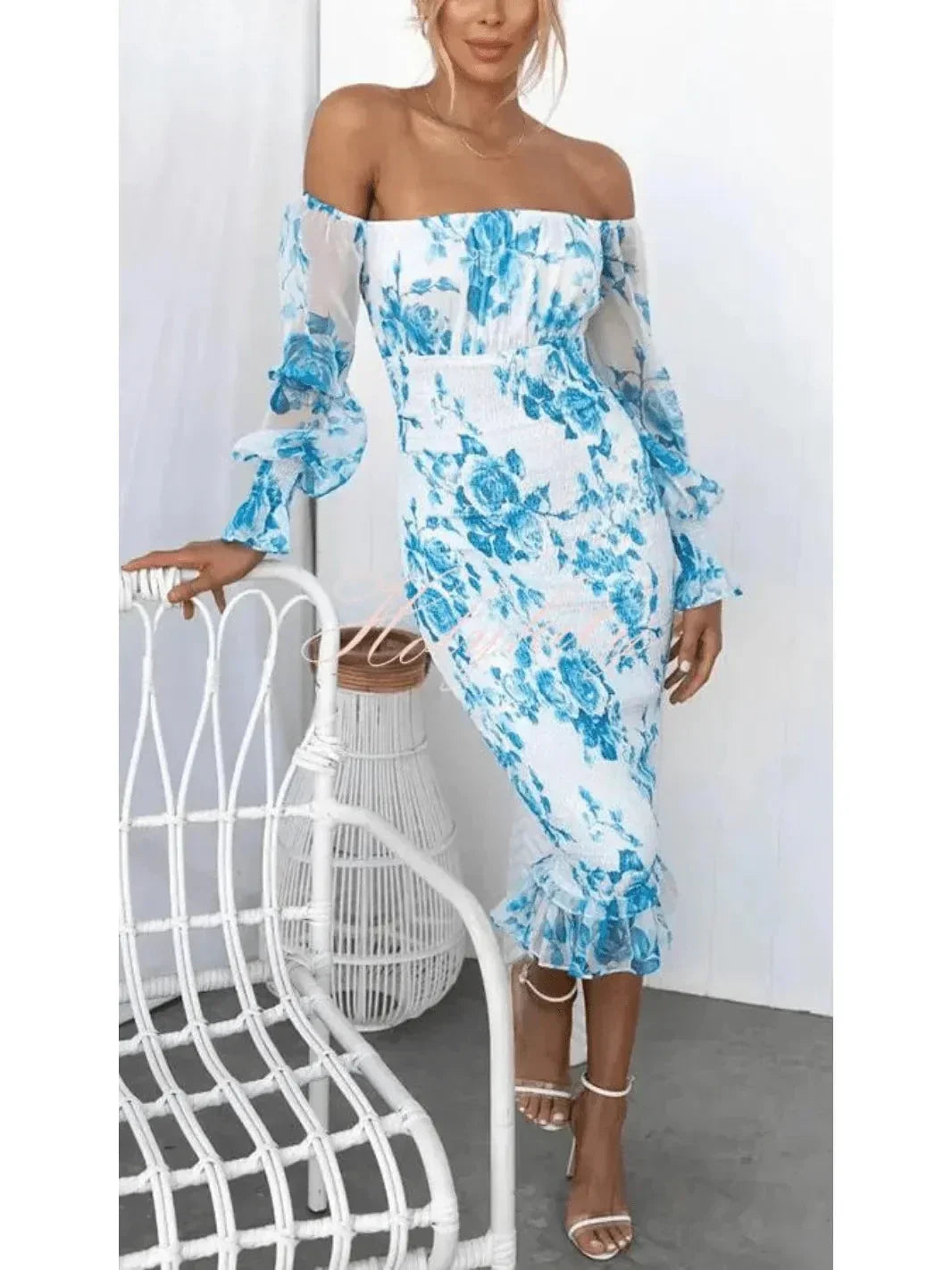 Sophia | Women'S Midi Dress with off Shoulder Neckline and Floral Print | Elegant