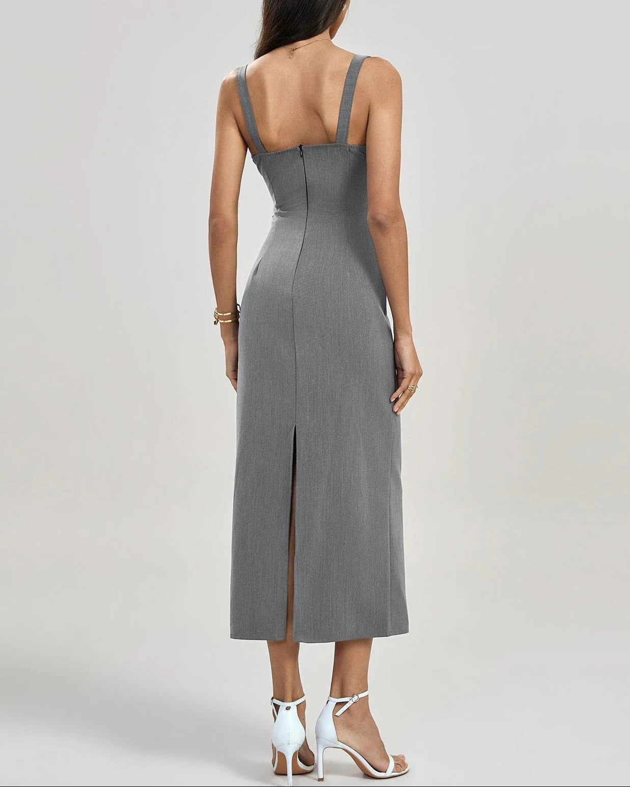 Joleen - Strappy Back Slit Midi Dress in Grey