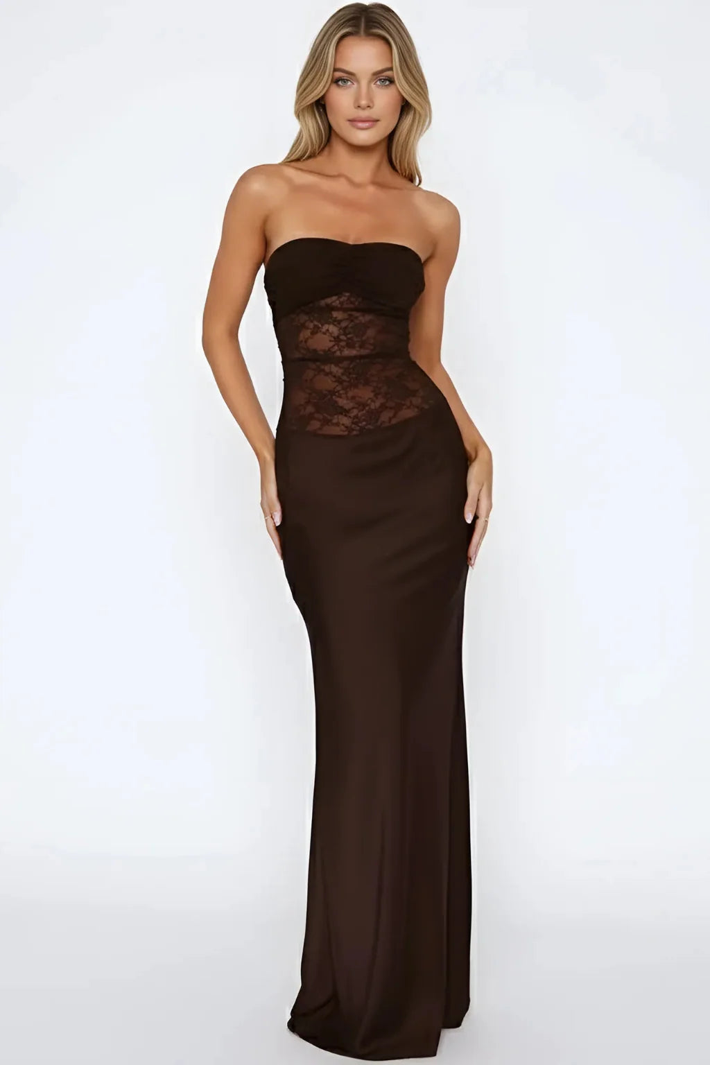 Women'S Strapless Lace Patchwork Mermaid Maxi Dress - Elegant Evening Gown