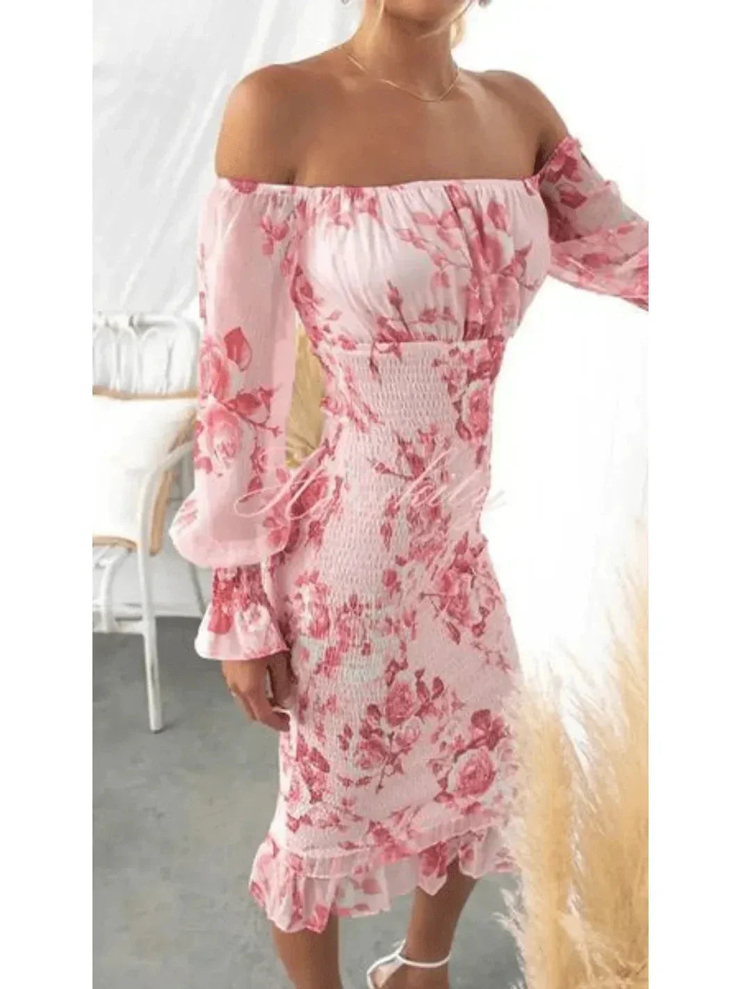 Sophia | Women'S Midi Dress with off Shoulder Neckline and Floral Print | Elegant