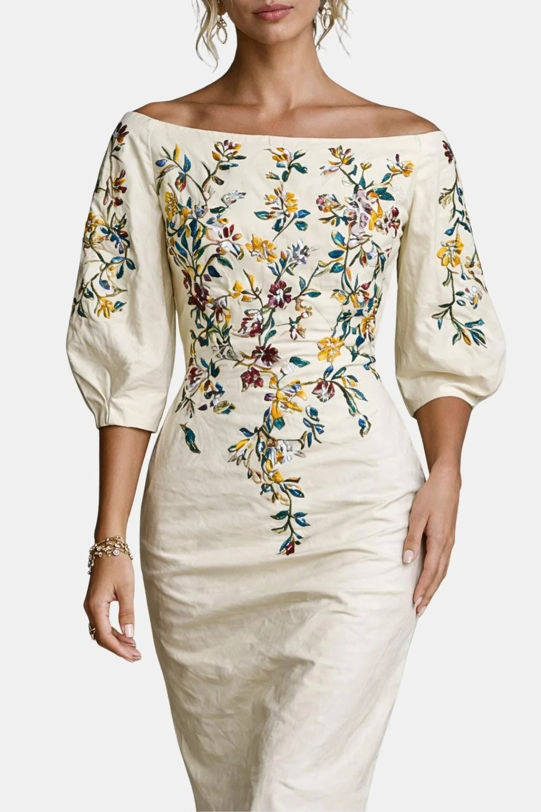 Calantha - One Shoulder Mid-Sleeve Slit Floral Midi Dress