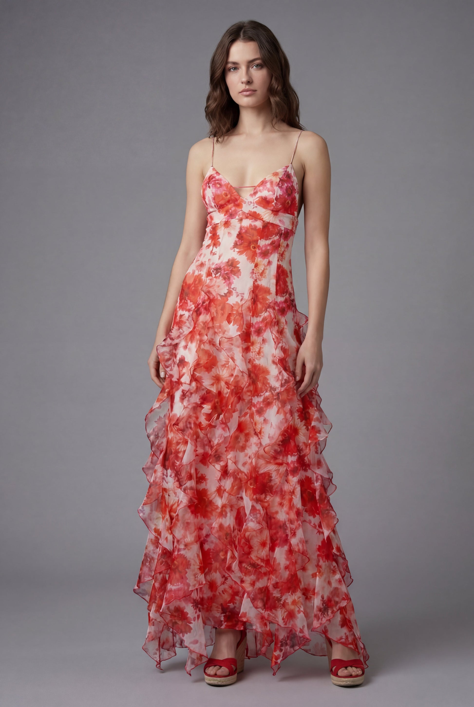 Women'S Ascot Ruffled Floral Maxi Dress – Elegant Summer Fit