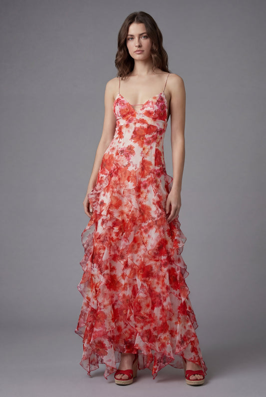 Women'S Ascot Ruffled Floral Maxi Dress – Elegant Summer Fit