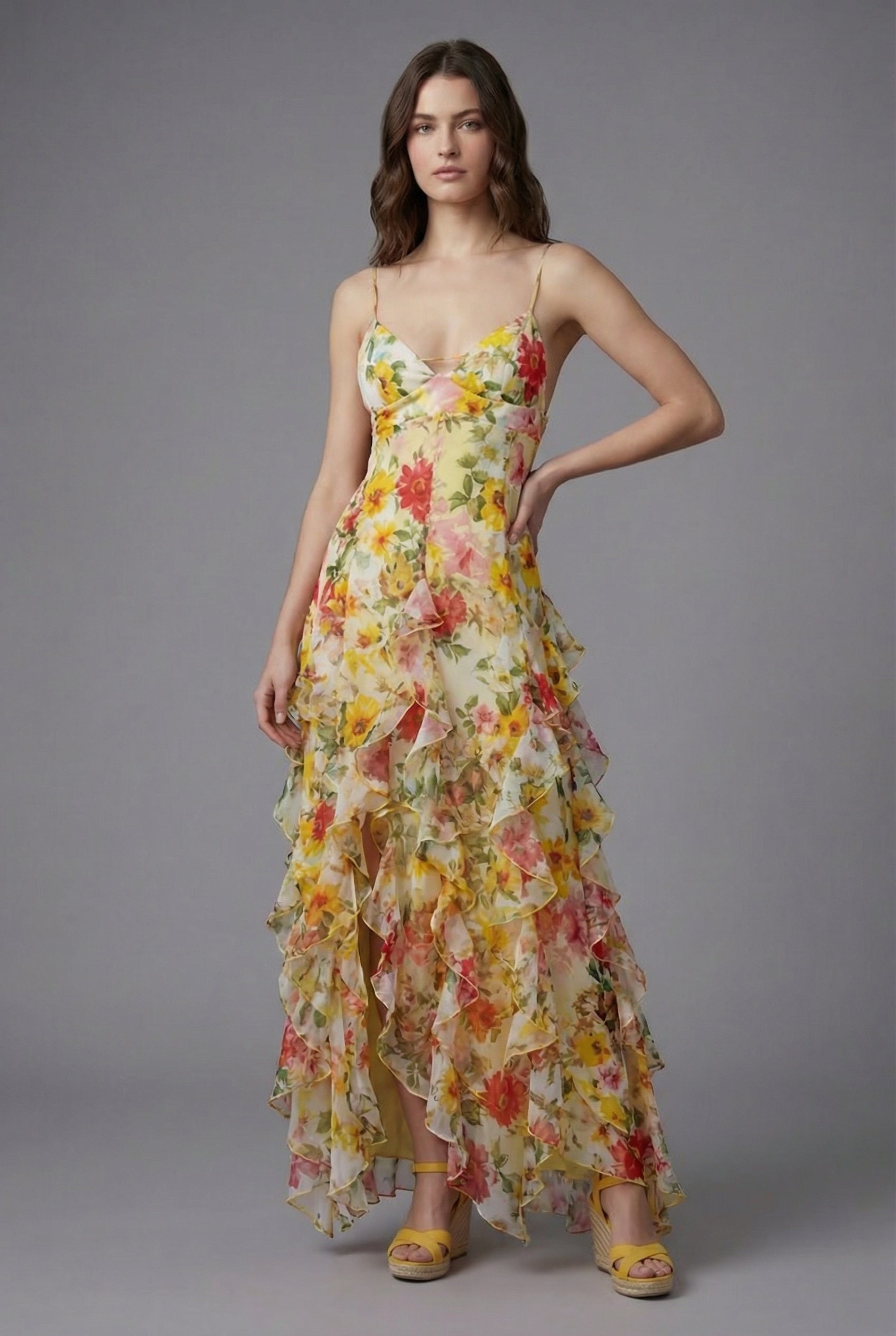 Women'S Ascot Ruffled Floral Maxi Dress – Elegant Summer Fit